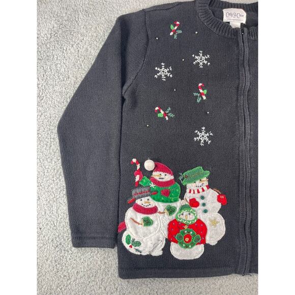 Carly St Claire Sweater Womens Small Christmas Black Vintage Snow Full Zip Ugly - Picture 3 of 10